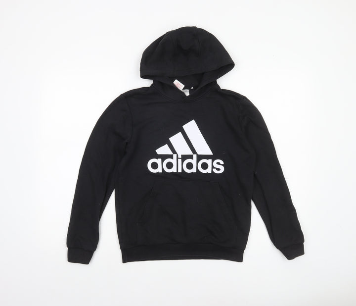 Adidas Boys Black Pullover Hoodie 11-12 Years Logo Cotton Blend