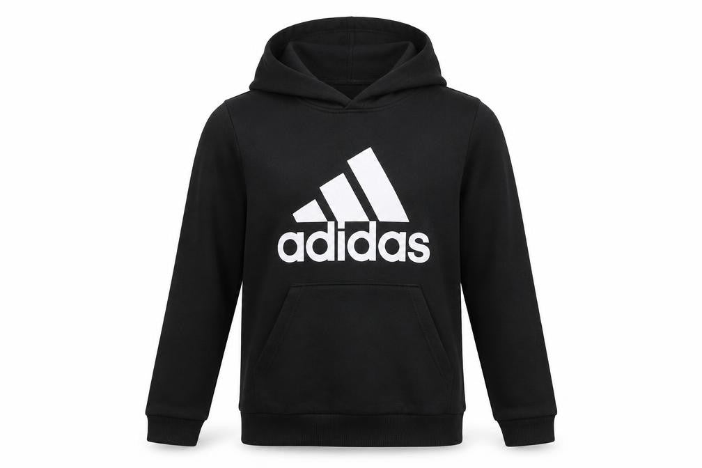 Front view of Adidas boys’ black pullover hoodie 11-12 years logo cotton blend
