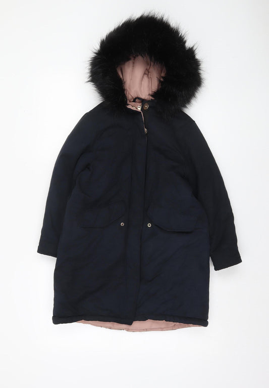 Zara Girls Black Hooded Faux Fur Trim Parka Coat Size 8 Years