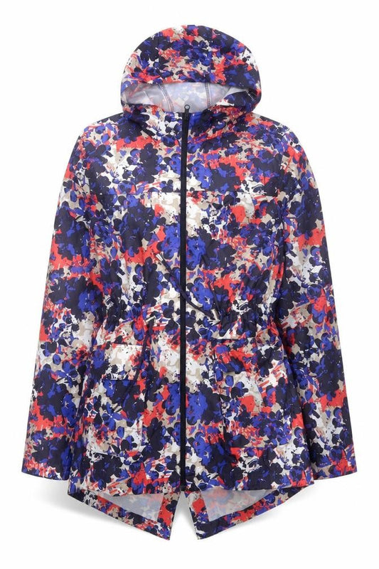 Front view of Brave Soul women’s multicoloured hooded rain coat jacket, size UK 12
