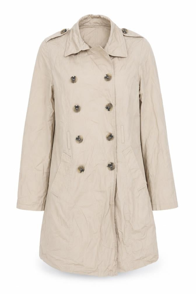 Front view of Avon Women's Beige Cotton Trench Coat, size 12, Classic Button Up