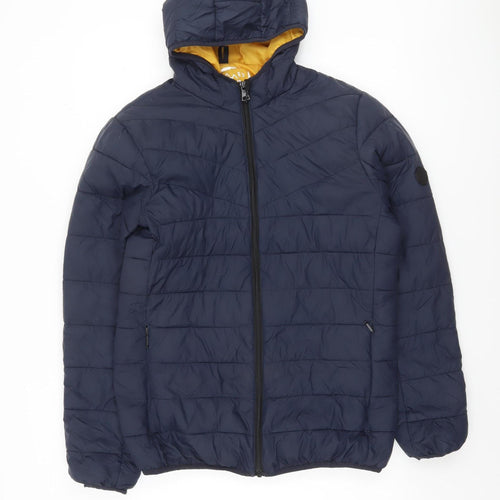 Easy Men Blue Hooded Puffer Jacket Size S Lightweight Outdoor Coat