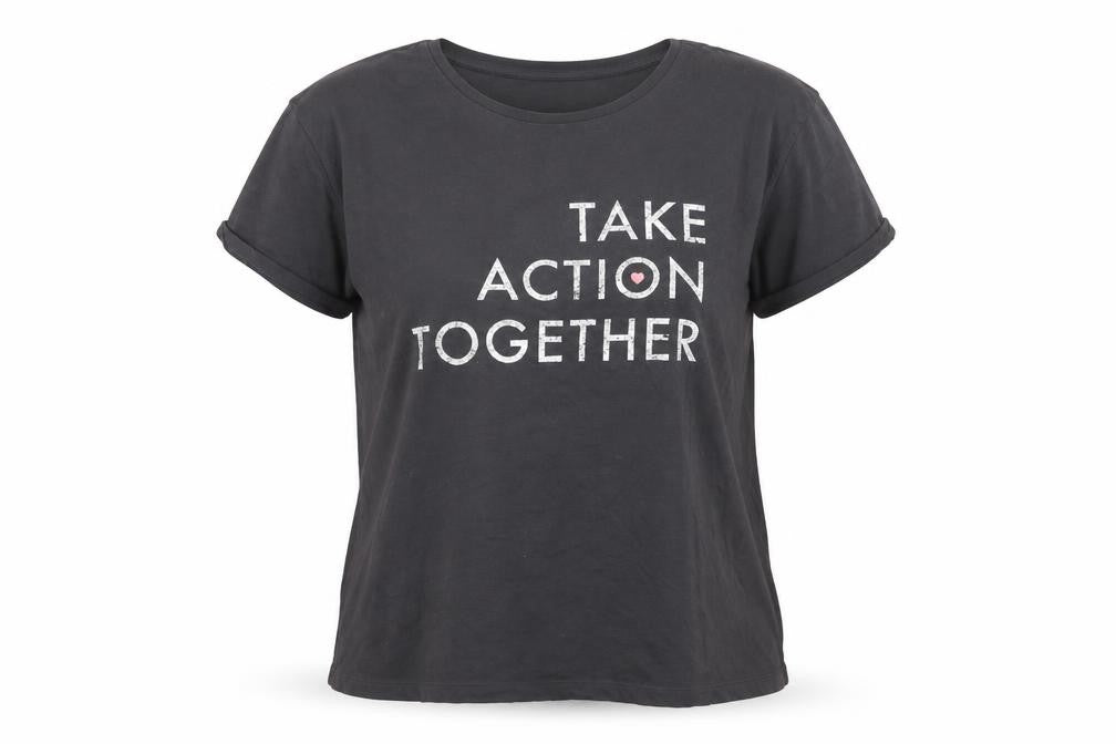 Front view of Mango Women's Black 'Take Action Together' T-Shirt, size M