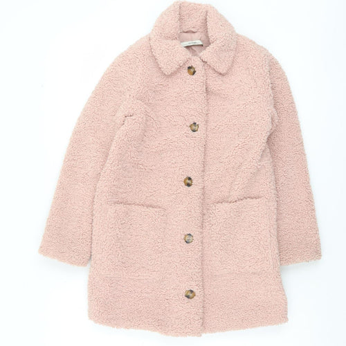George Girls Pink Teddy Fleece Mid-Length Coat 7-8 Years Button Up