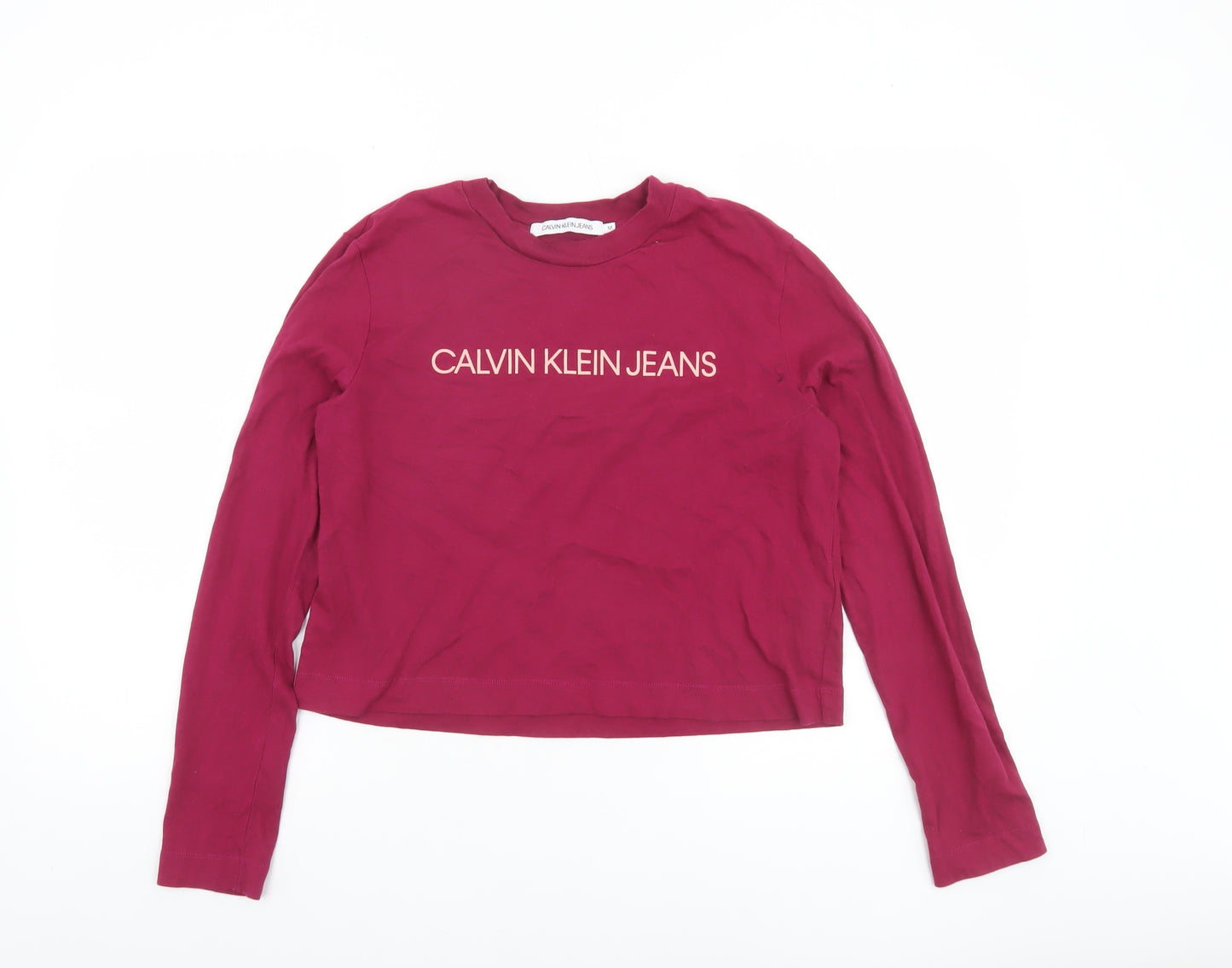 Calvin Klein Jeans Women Red Cropped Long Sleeve Cotton T-Shirt M