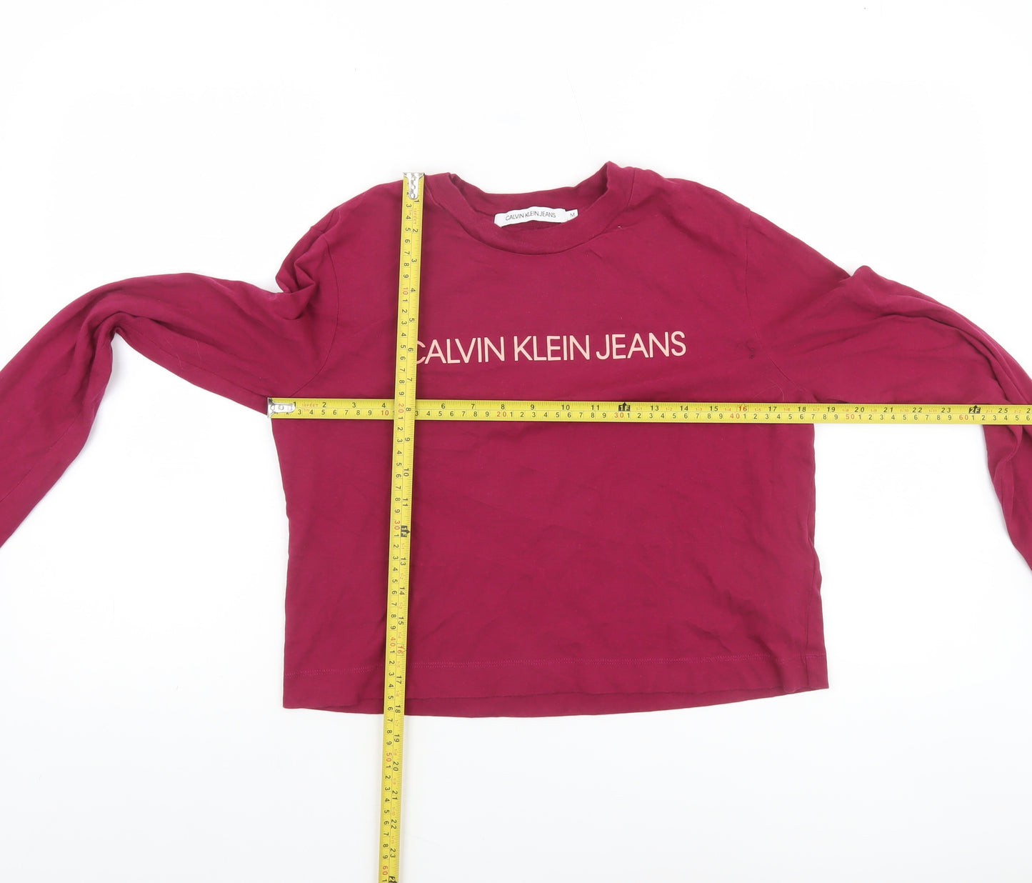 Calvin Klein Jeans Women Red Cropped Long Sleeve Cotton T-Shirt M