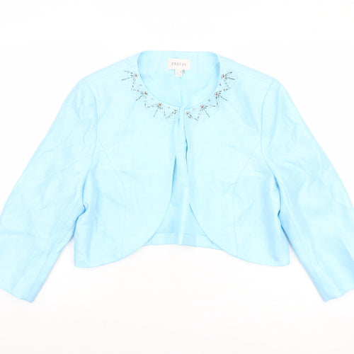 Precis Women Blue Cropped Suit Jacket Size 18 Beaded Linen Blend