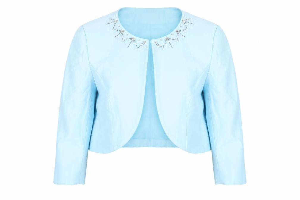 Front view of Precis Women Blue Cropped Suit Jacket, size 18, Beaded Linen Blend