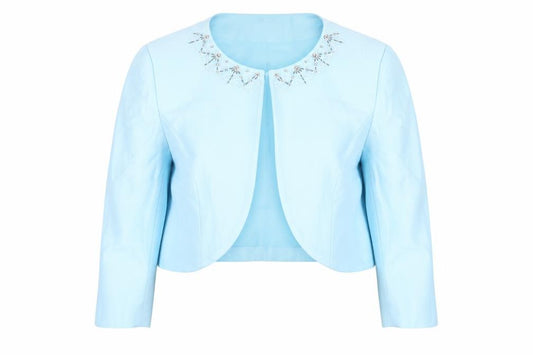 Front view of Precis Women Blue Cropped Suit Jacket, size 18, Beaded Linen Blend