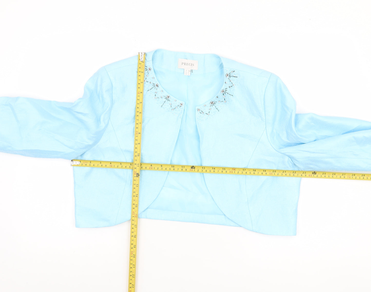 Precis Women Blue Cropped Suit Jacket Size 18 Beaded Linen Blend