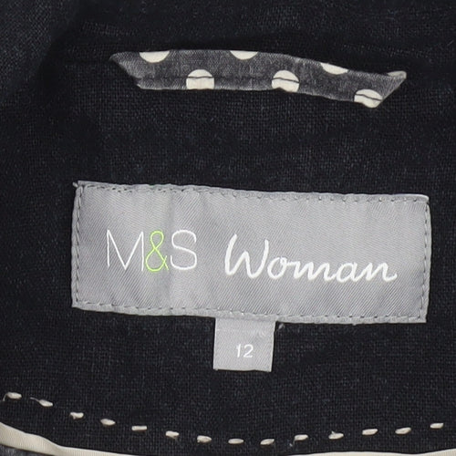 Marks and Spencer Women Black Linen Blend Blazer Size 12 Single Breasted