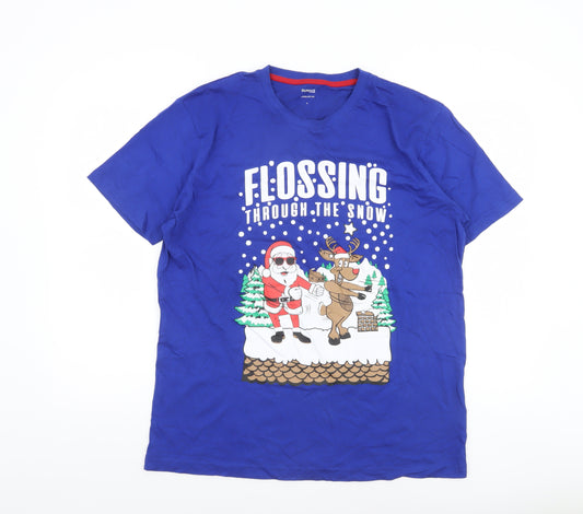 Dunnes Stores Men's Blue Christmas Graphic Cotton T-Shirt L