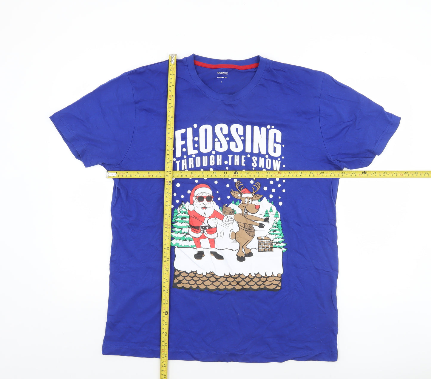 Dunnes Stores Men's Blue Christmas Graphic Cotton T-Shirt L