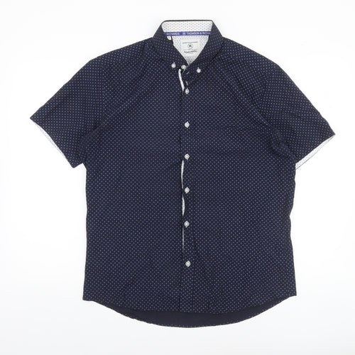 Thomson & Richards Men's Blue Polka Dot Short Sleeve Button-Up Shirt L