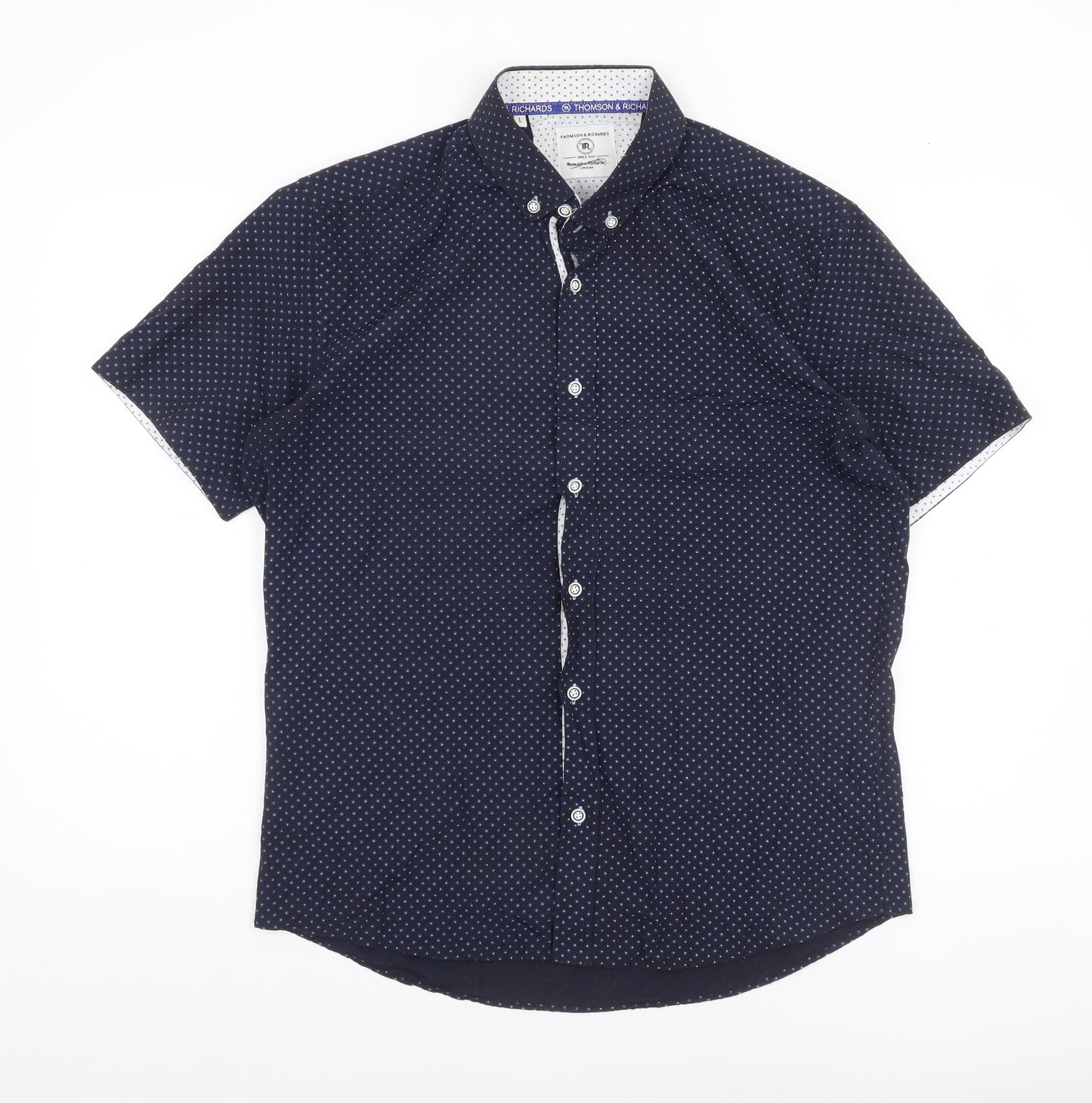 Thomson & Richards Men's Blue Polka Dot Short Sleeve Button-Up Shirt L