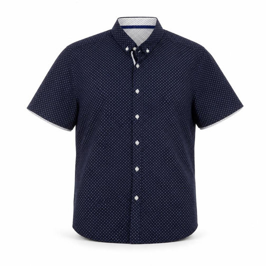 Front view of Thomson & Richards Men's Blue Polka Dot Short Sleeve Button-Up Shirt L