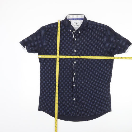 Thomson & Richards Men's Blue Polka Dot Short Sleeve Button-Up Shirt L