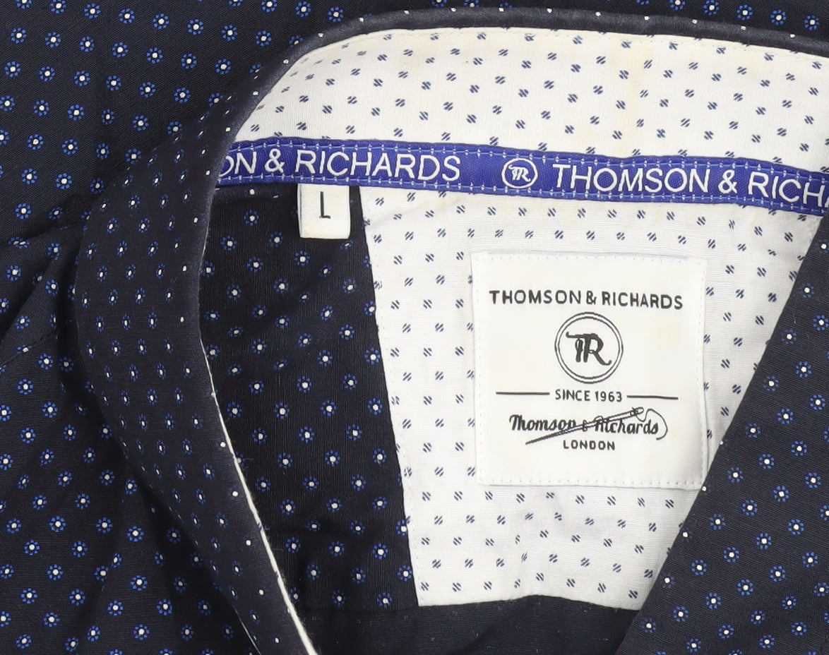 Thomson & Richards Men's Blue Polka Dot Short Sleeve Button-Up Shirt L