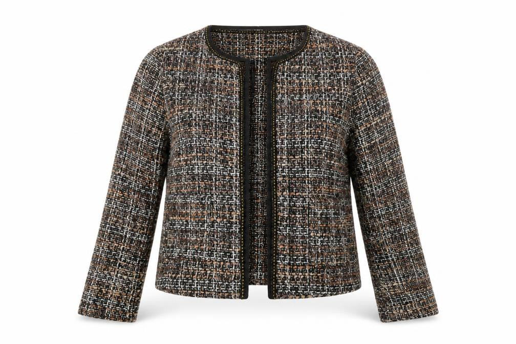 Front view of b.young Women's Multicoloured Tweed Collarless Blazer Jacket, size 8