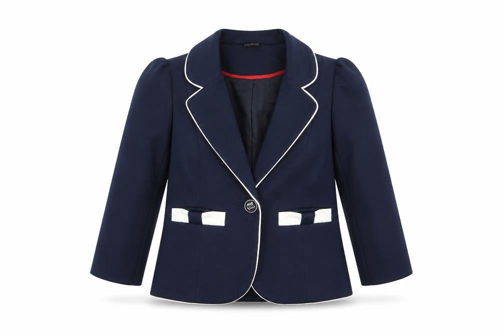 Front view of Tu girls’ blue blazer jacket 3-4 years lined school style with white trim