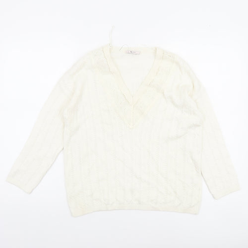 Tu Women’s Ivory V-Neck Cable Knit Jumper Size 8