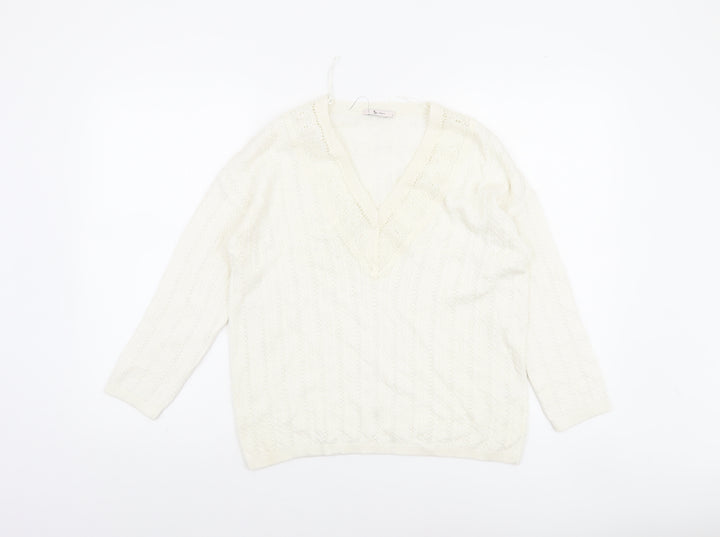 Tu Women’s Ivory V-Neck Cable Knit Jumper Size 8