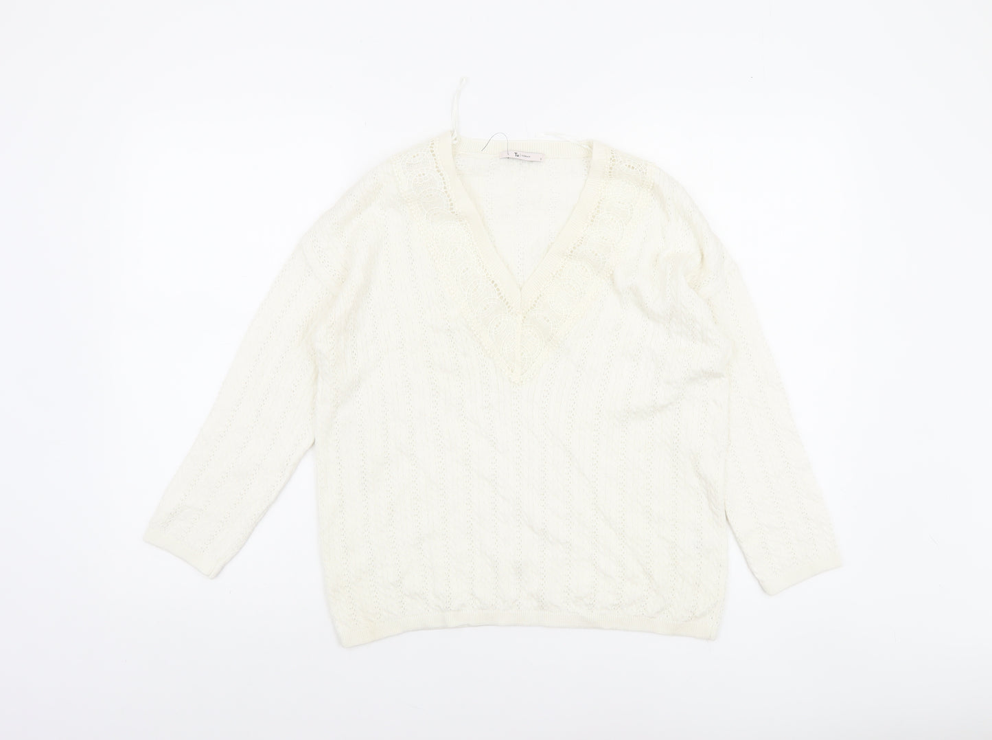 Tu Women’s Ivory V-Neck Cable Knit Jumper Size 8