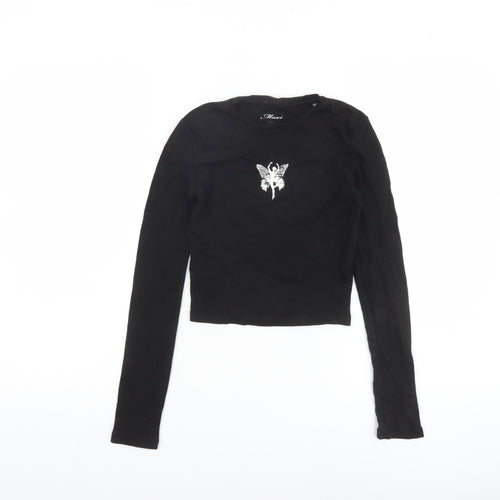 Mavi Womens Black XS Cropped Long Sleeve Butterfly T-Shirt