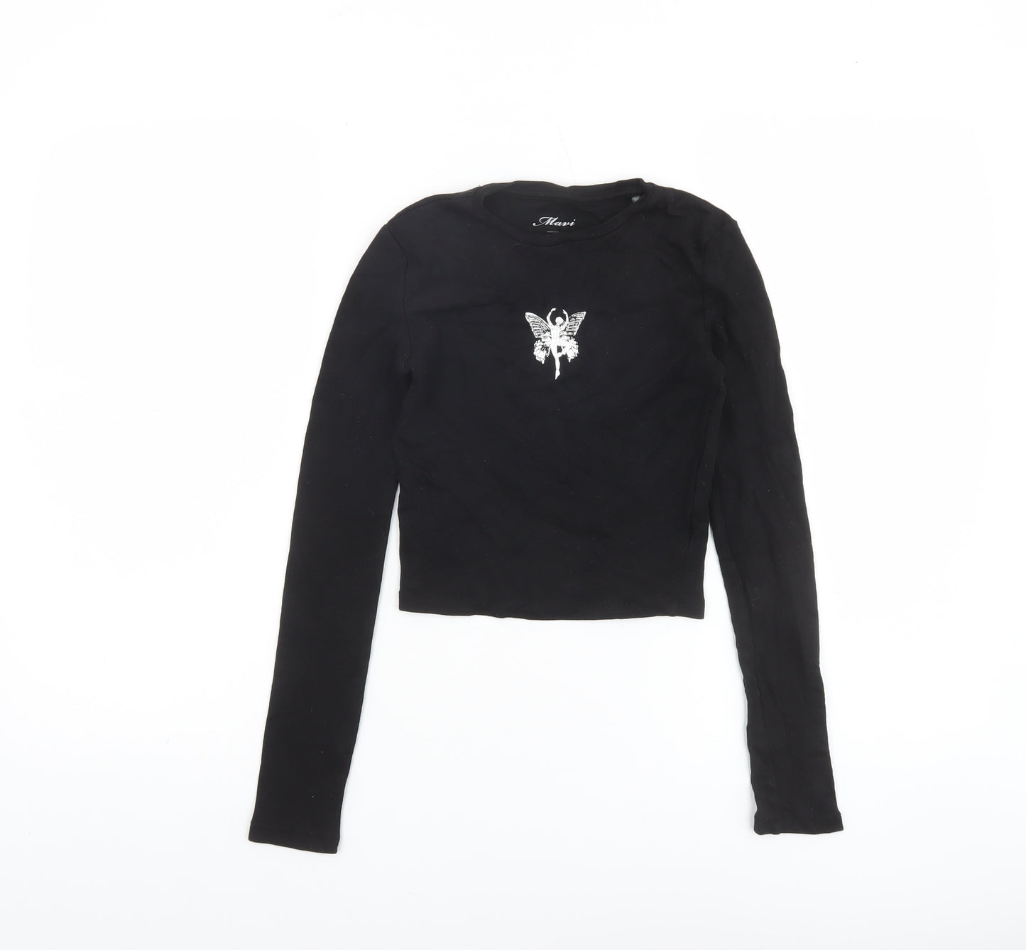 Mavi Womens Black XS Cropped Long Sleeve Butterfly T-Shirt