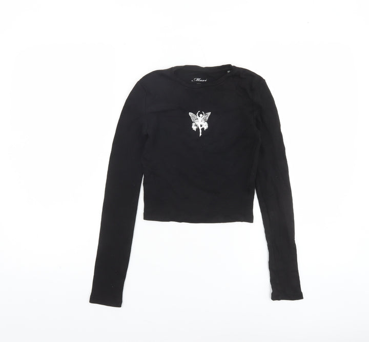Mavi Womens Black XS Cropped Long Sleeve Butterfly T-Shirt