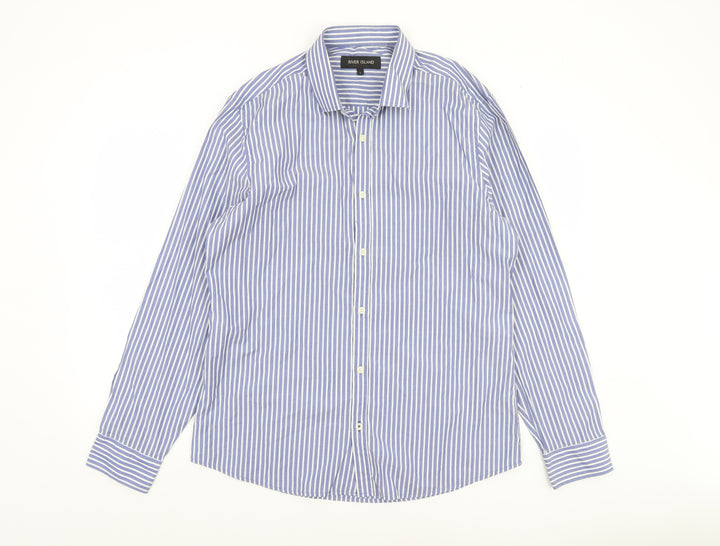 River Island Men’s Blue Striped Long Sleeve Cotton Button-Up Shirt Size L