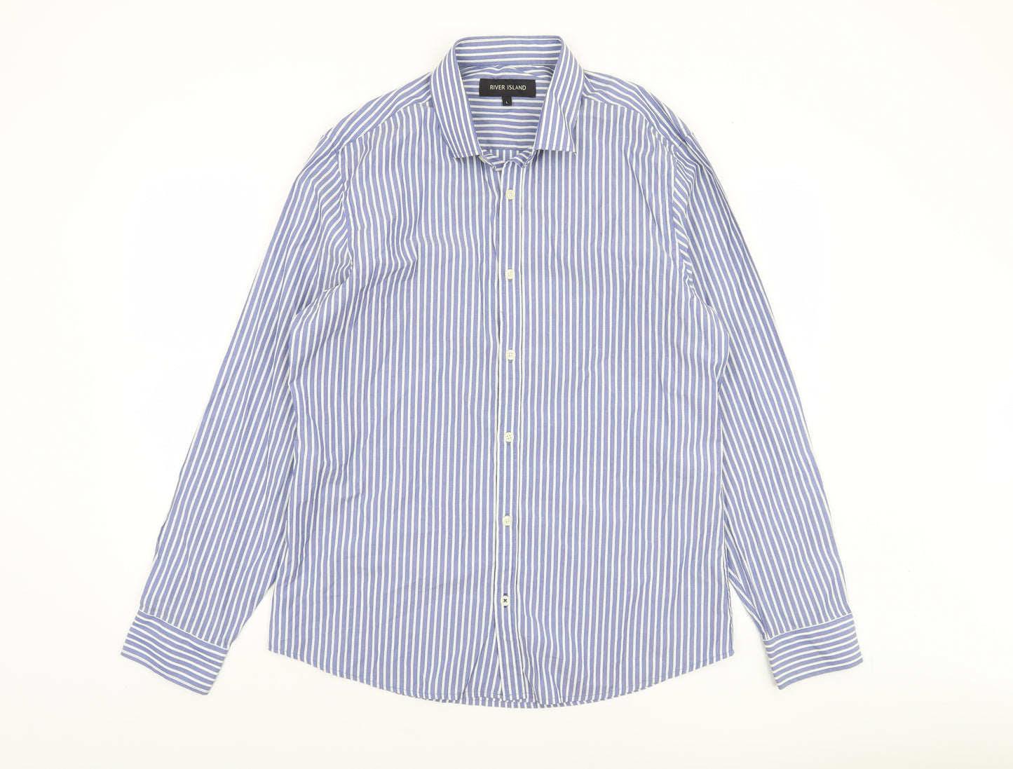 River Island Men’s Blue Striped Long Sleeve Cotton Button-Up Shirt Size L