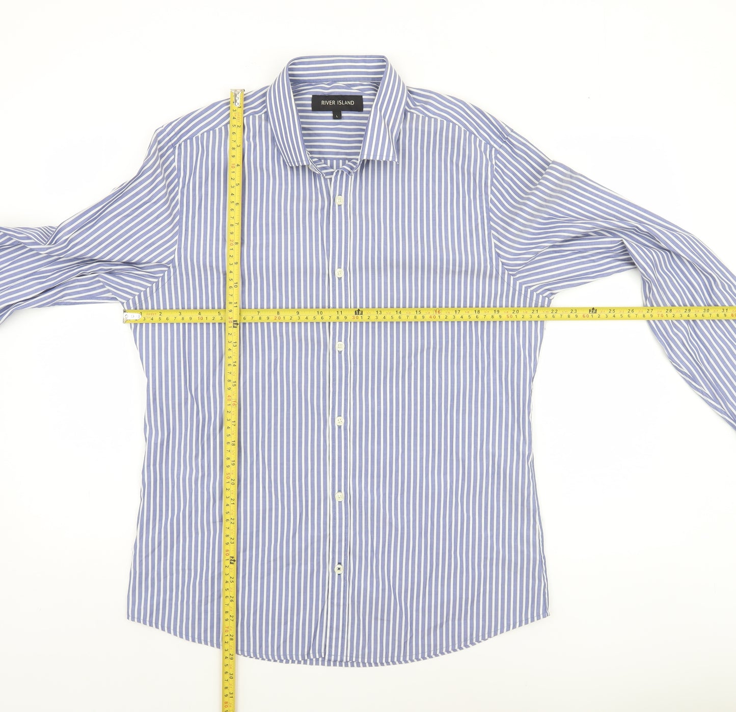 River Island Men’s Blue Striped Long Sleeve Cotton Button-Up Shirt Size L