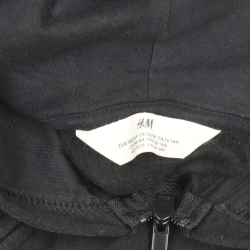 H&M Teens Black Full Zip Hoodie, Size 13-14 Years, Cotton Blend