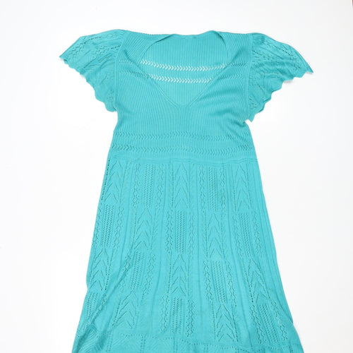 Oasis Women Blue Knit Fit & Flare Flutter Sleeve Dress L