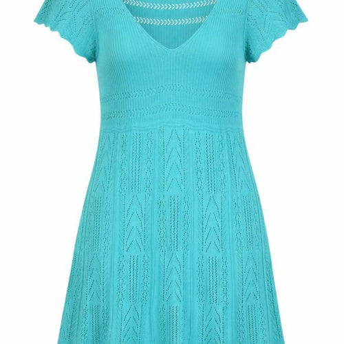 Oasis Women Blue Knit Fit & Flare Flutter Sleeve Dress L