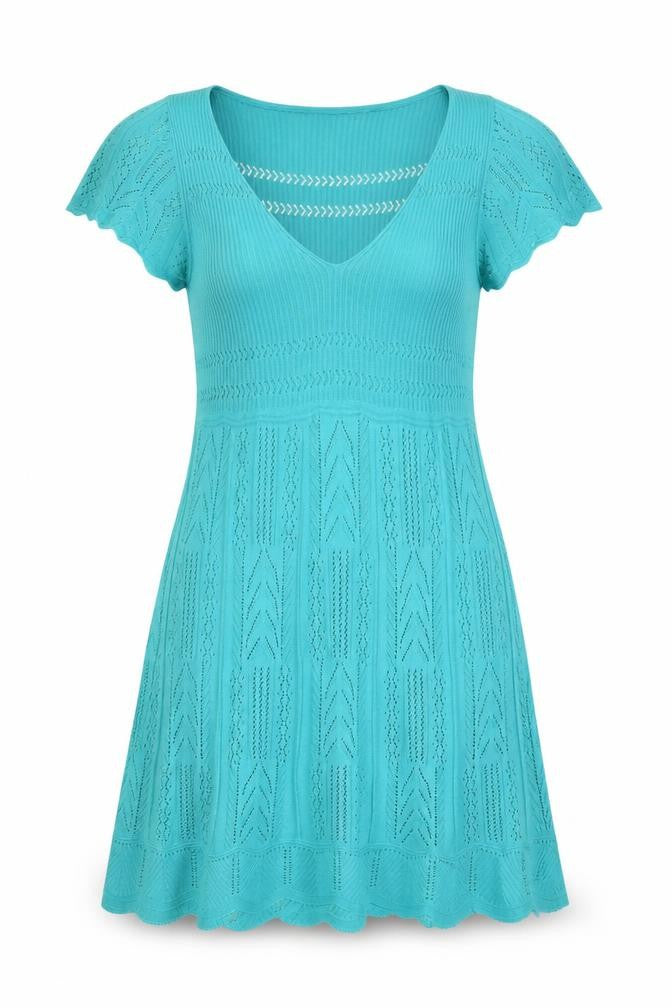 Oasis Women Blue Knit Fit & Flare Flutter Sleeve Dress L