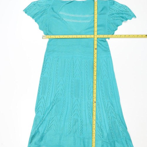Oasis Women Blue Knit Fit & Flare Flutter Sleeve Dress L