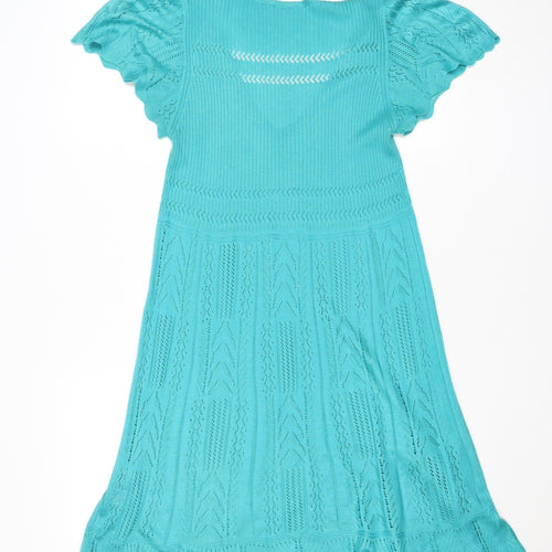 Oasis Women Blue Knit Fit & Flare Flutter Sleeve Dress L