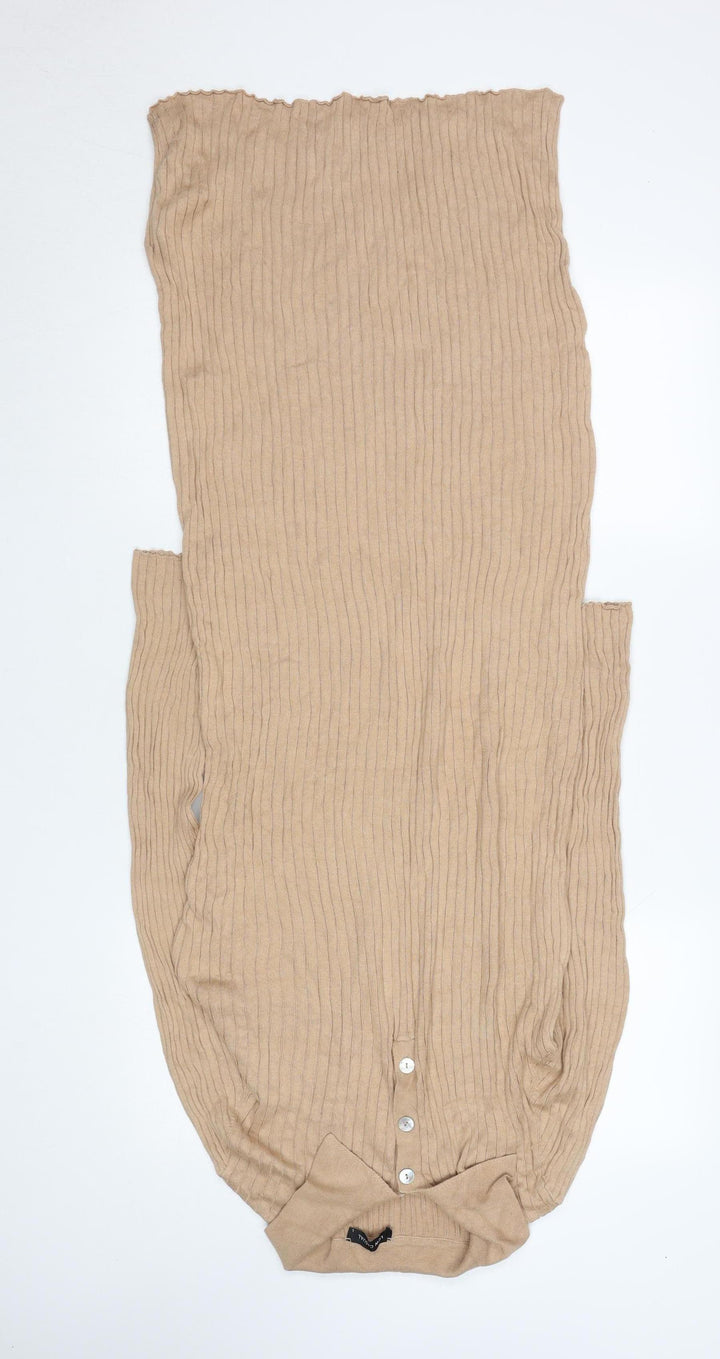 LC Waikiki Women Beige Ribbed Knit Collared Midi Shirt Dress L