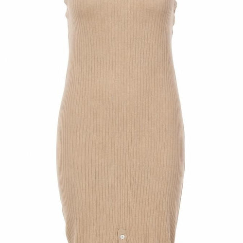 LC Waikiki Women Beige Ribbed Knit Collared Midi Shirt Dress L