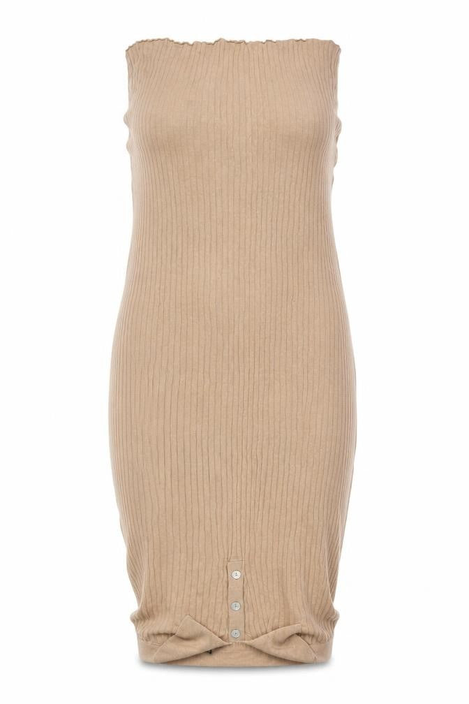 LC Waikiki Women Beige Ribbed Knit Collared Midi Shirt Dress L