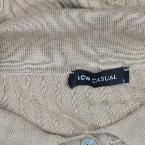 LC Waikiki Women Beige Ribbed Knit Collared Midi Shirt Dress L