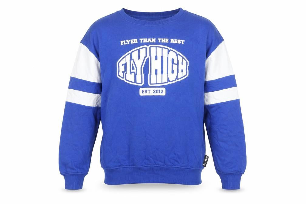 Front view of Fly High boys’ blue graphic pullover sweatshirt, size 146, crew neck