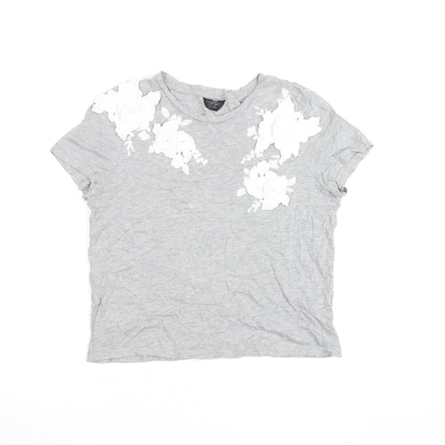 Topshop Petite Grey Floral Embroidered Cotton T-Shirt Size 4