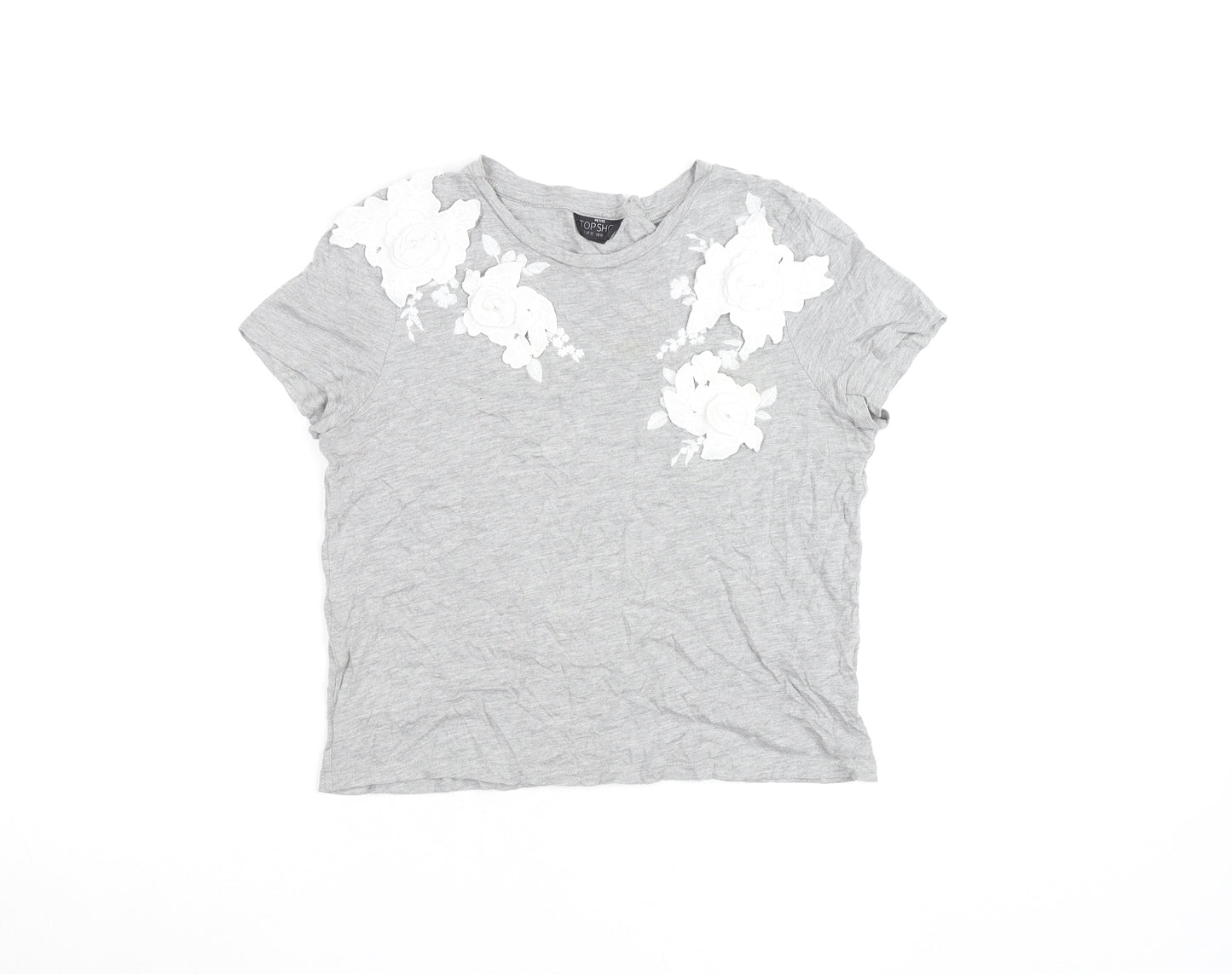 Topshop Petite Grey Floral Embroidered Cotton T-Shirt Size 4