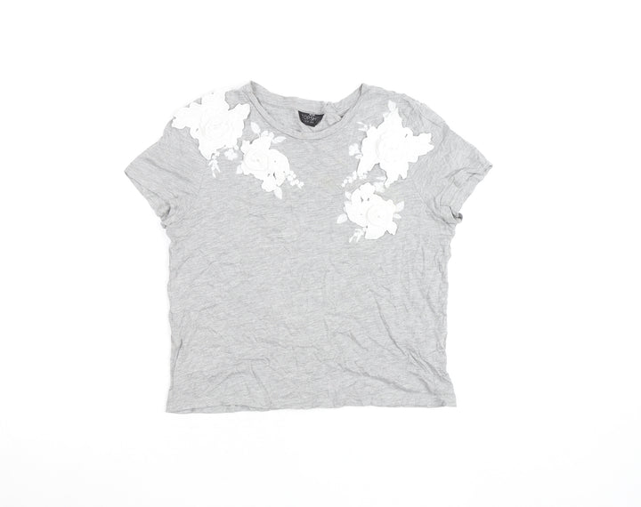 Topshop Petite Grey Floral Embroidered Cotton T-Shirt Size 4