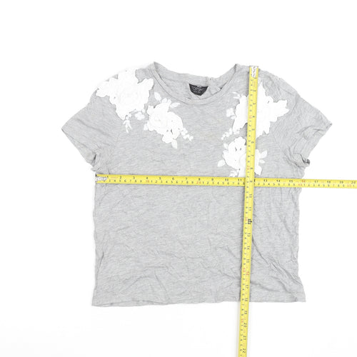 Topshop Petite Grey Floral Embroidered Cotton T-Shirt Size 4