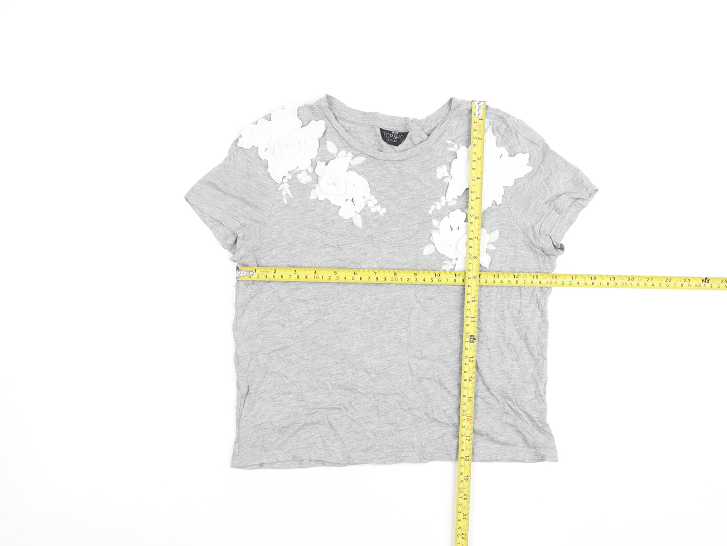 Topshop Petite Grey Floral Embroidered Cotton T-Shirt Size 4
