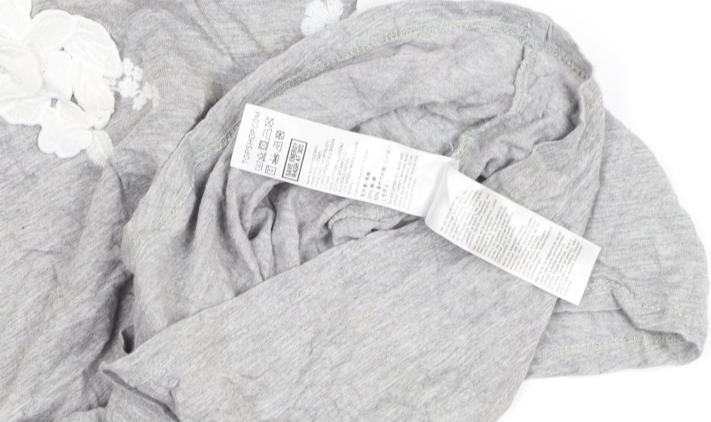 Topshop Petite Grey Floral Embroidered Cotton T-Shirt Size 4